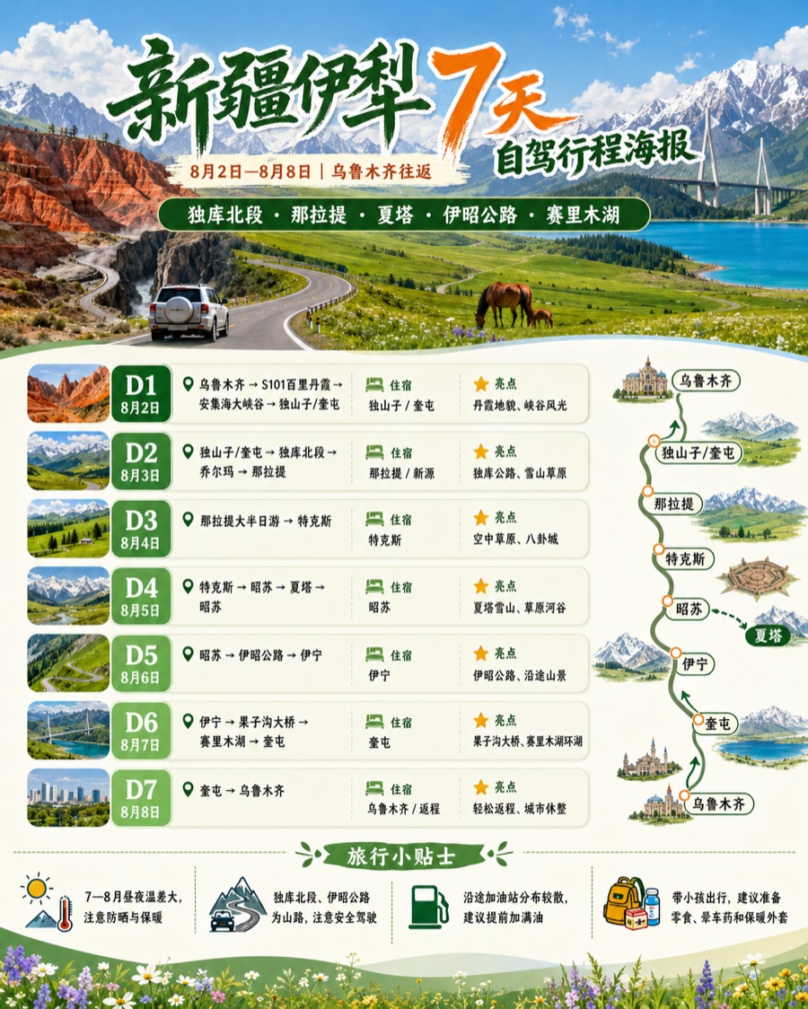 新疆伊犁 7 天自驾行程总览图