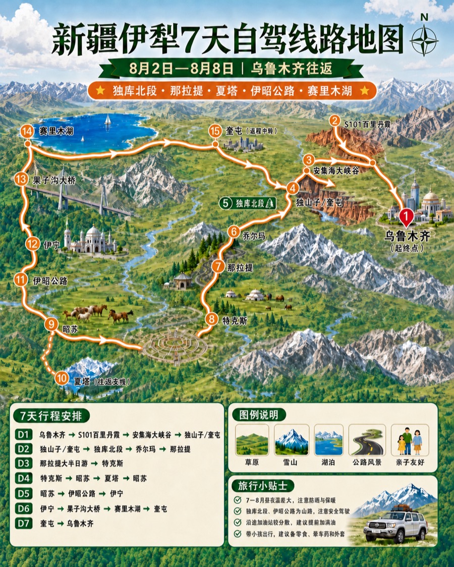 新疆伊犁 7 天自驾线路图